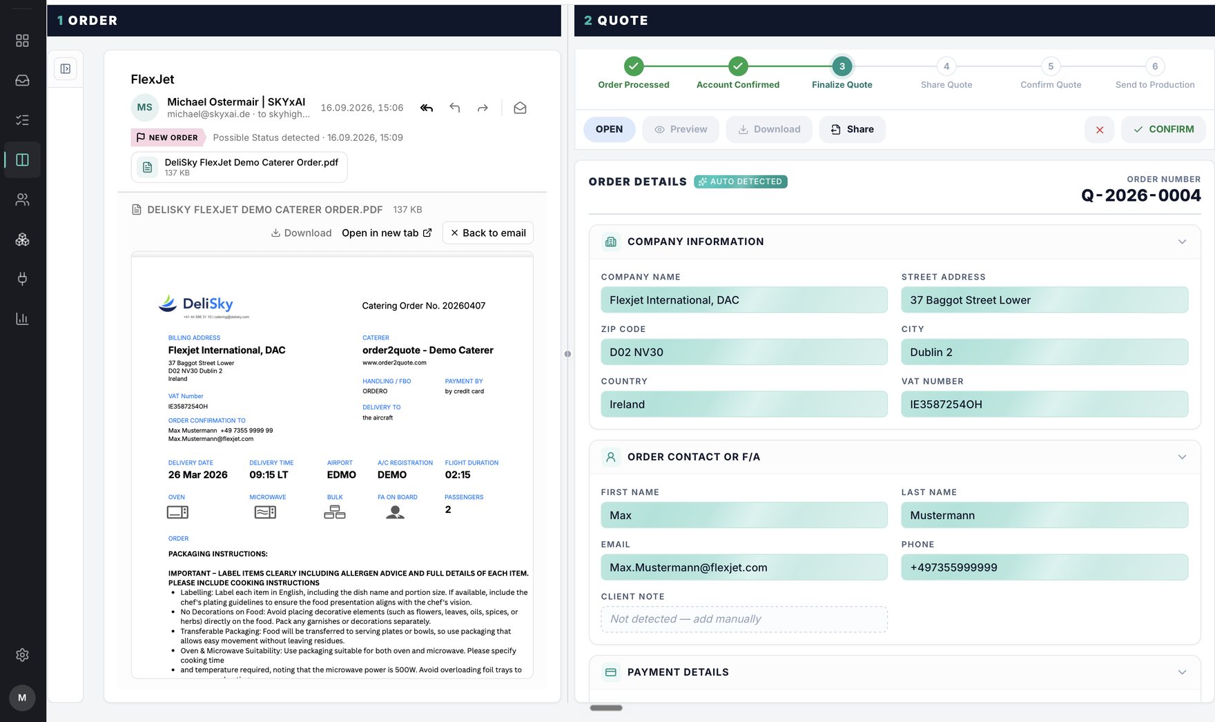 order2quote split view: the incoming catering order with its PDF on the left, the quote on the right with company details already extracted and highlighted for review